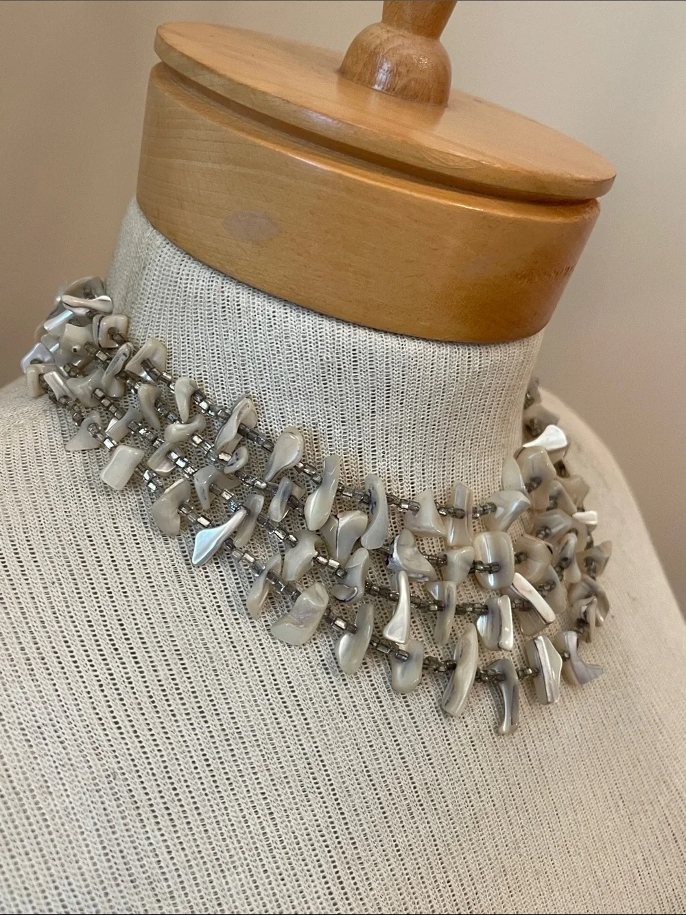 Vintage 4 Strand Mother of Pearl Shell Nugget Statement Necklace Choker
